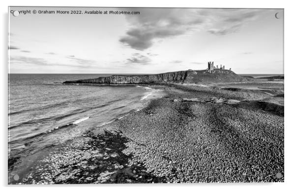 Dunstanburgh Castle from the north elevated monochrome Acrylic by Graham Moore