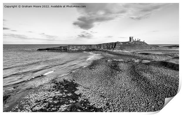Dunstanburgh Castle from the north elevated monochrome Print by Graham Moore