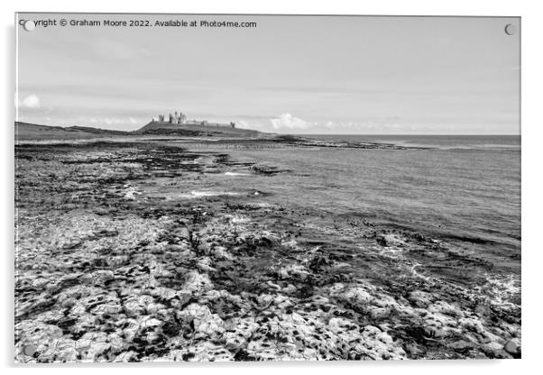 Dunstanburgh Castle from the south elevated monochrome Acrylic by Graham Moore