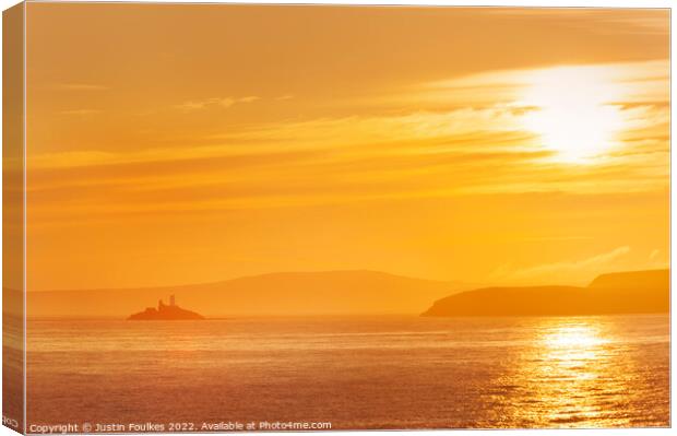 Sunrise over Godrevy Lighthouse, West Cornwall Canvas Print by Justin Foulkes