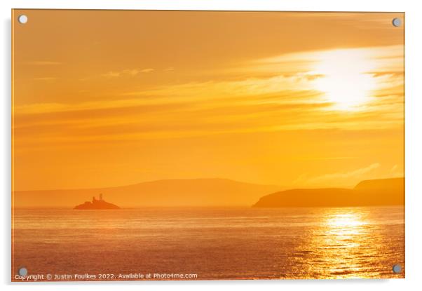 Sunrise over Godrevy Lighthouse, West Cornwall Acrylic by Justin Foulkes