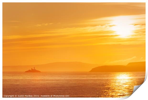 Sunrise over Godrevy Lighthouse, West Cornwall Print by Justin Foulkes