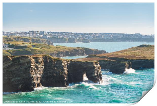 Newquay and Trevelgue Head, North Cornwall Print by Justin Foulkes