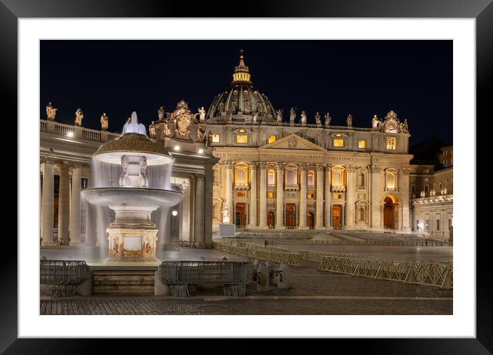 St Peter Basilica and Fountain in Vatican at Night Framed Mounted Print by Artur Bogacki