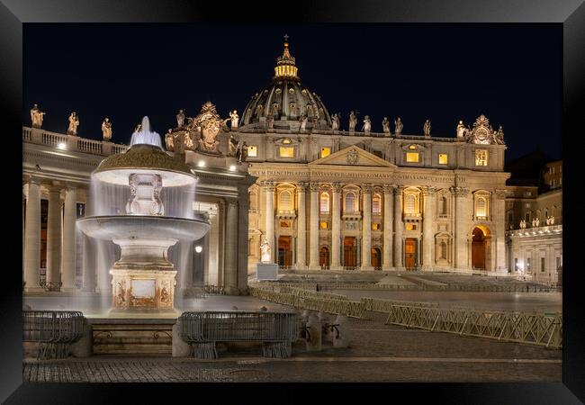 St Peter Basilica and Fountain in Vatican at Night Framed Print by Artur Bogacki