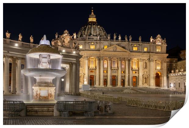 St Peter Basilica and Fountain in Vatican at Night Print by Artur Bogacki