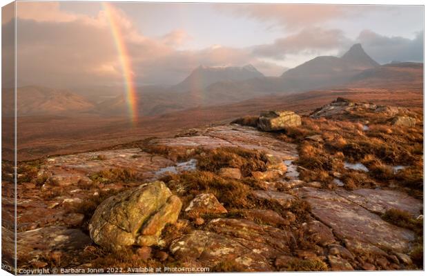 Stac Pollaidh Rainbow, Coigach Scotland. Canvas Print by Barbara Jones
