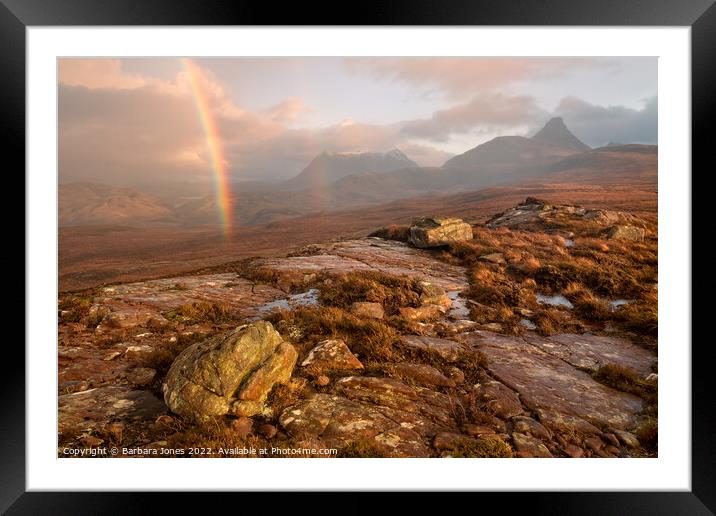 Stac Pollaidh Rainbow, Coigach Scotland. Framed Mounted Print by Barbara Jones