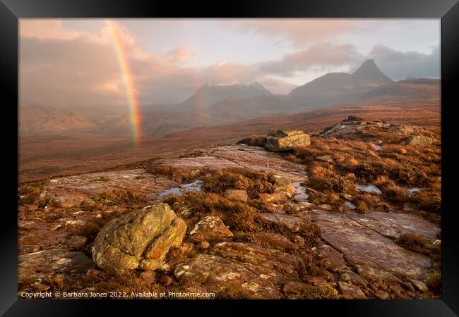 Stac Pollaidh Rainbow, Coigach Scotland. Framed Print by Barbara Jones