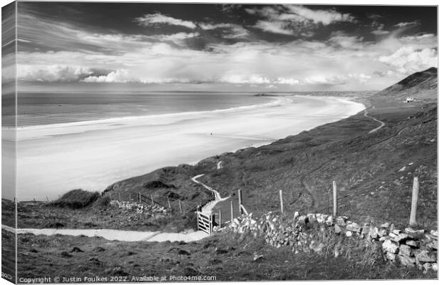 The path to Rhossili Beach, in black and white Canvas Print by Justin Foulkes