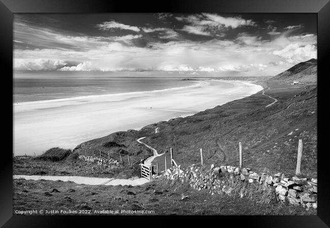 The path to Rhossili Beach, in black and white Framed Print by Justin Foulkes