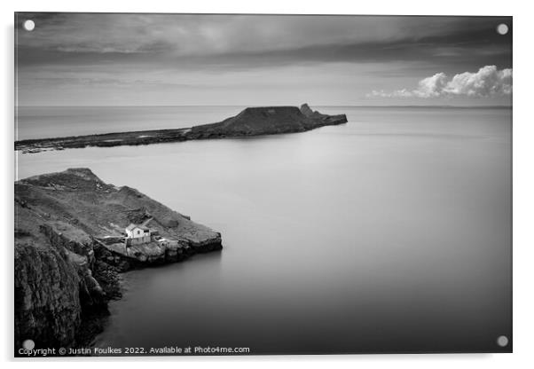 Worm's head, Rhossili Bay, Wales, in black and white Acrylic by Justin Foulkes