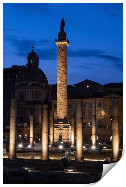 Trajan Column In Rome By Night Print by Artur Bogacki