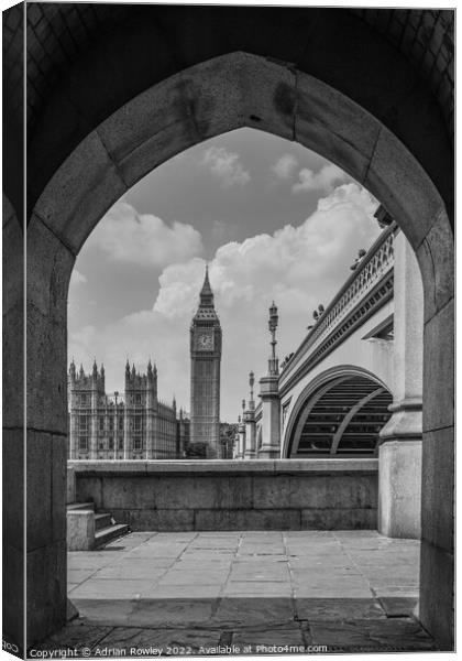 Elizabeth Tower and Westminster Bride from the South Bank of the river Thames. Canvas Print by Adrian Rowley