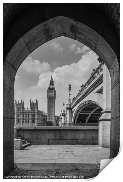 Elizabeth Tower and Westminster Bride from the South Bank of the river Thames. Print by Adrian Rowley