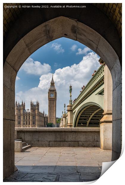 Elizabeth Tower and Westminster Bride from the South Bank of the river Thames. Print by Adrian Rowley