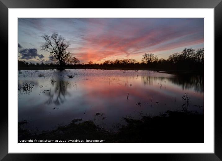 Sunset with flooded fields at Esling Norfolk UK Framed Mounted Print by Paul Stearman