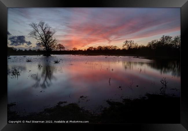 Sunset with flooded fields at Esling Norfolk UK Framed Print by Paul Stearman
