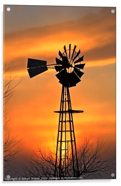 Kansas Golden Sunset with a windmill silhouette Acrylic by Robert Brozek