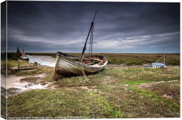 Seascape at Thornham Norfolk UK showing Harbour and Old Fishing Boat Canvas Print by Paul Stearman