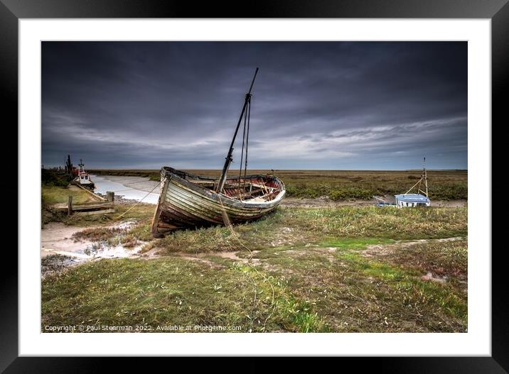 Seascape at Thornham Norfolk UK showing Harbour and Old Fishing Boat Framed Mounted Print by Paul Stearman