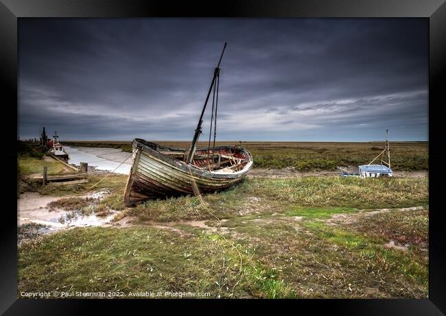 Seascape at Thornham Norfolk UK showing Harbour and Old Fishing Boat Framed Print by Paul Stearman