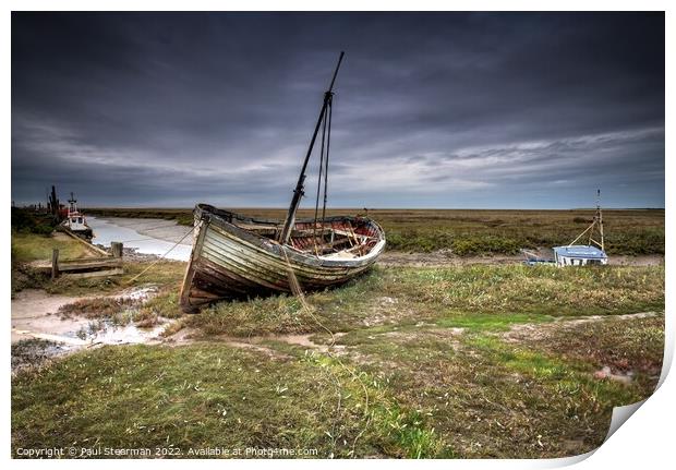 Seascape at Thornham Norfolk UK showing Harbour and Old Fishing Boat Print by Paul Stearman