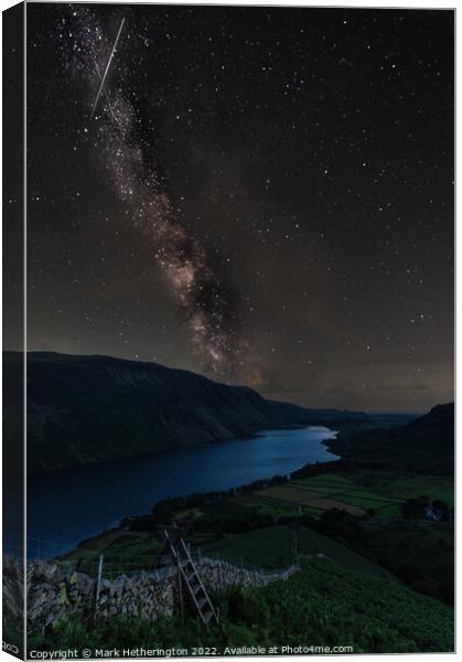 Milky Way over Wastwater and Perseid Meteor Canvas Print by Mark Hetherington