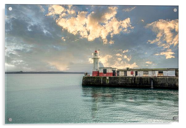Newlyn harbour lighthouse Acrylic by kathy white