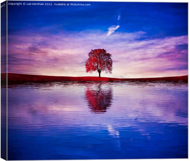 "Crimson Reflection: Solitary Tree Gracefully Ador Canvas Print by Lee Kershaw