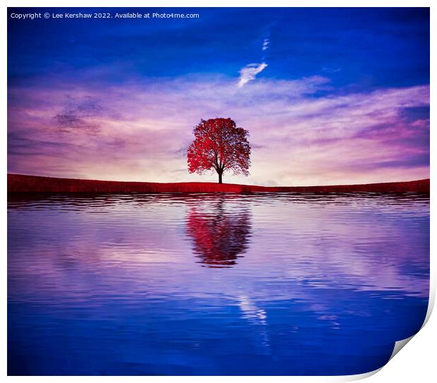 "Crimson Reflection: Solitary Tree Gracefully Ador Print by Lee Kershaw