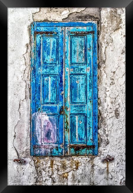 Old blue shutters against a faded plaster wall Framed Print by Kevin Hellon