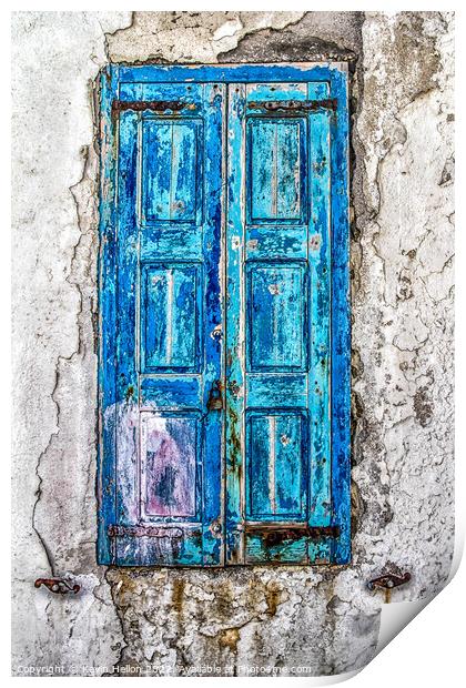 Old blue shutters against a faded plaster wall Print by Kevin Hellon