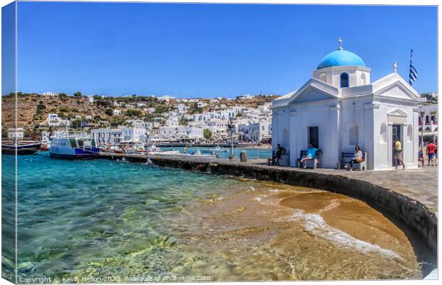 Church on the harbour, Chora, Mykonos, Greece Canvas Print by Kevin Hellon