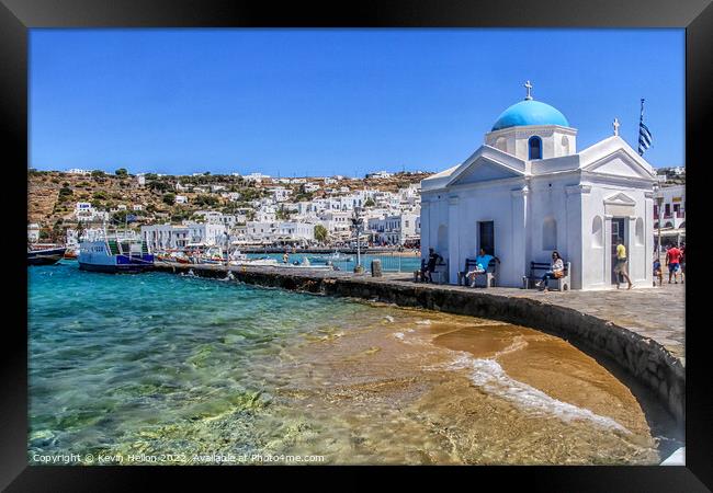 Church on the harbour, Chora, Mykonos, Greece Framed Print by Kevin Hellon