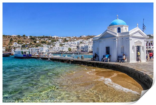 Church on the harbour, Chora, Mykonos, Greece Print by Kevin Hellon