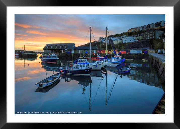 Sunrise reflection at Mevagissey  Framed Mounted Print by Andrew Ray