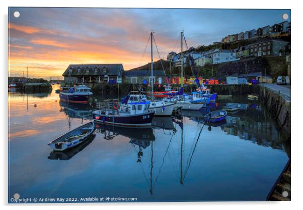 Sunrise reflection at Mevagissey  Acrylic by Andrew Ray
