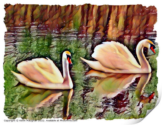 Swans On The Lake 1 (Digital Art) Print by Kevin Maughan