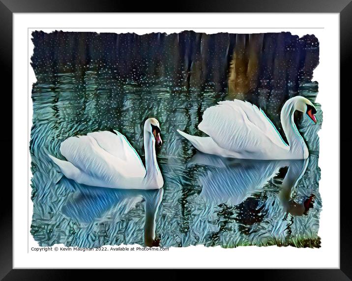Graceful Swans Glide Through a Serene Digital Canv Framed Mounted Print by Kevin Maughan