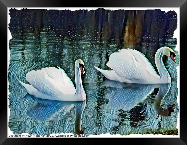 Graceful Swans Glide Through a Serene Digital Canv Framed Print by Kevin Maughan