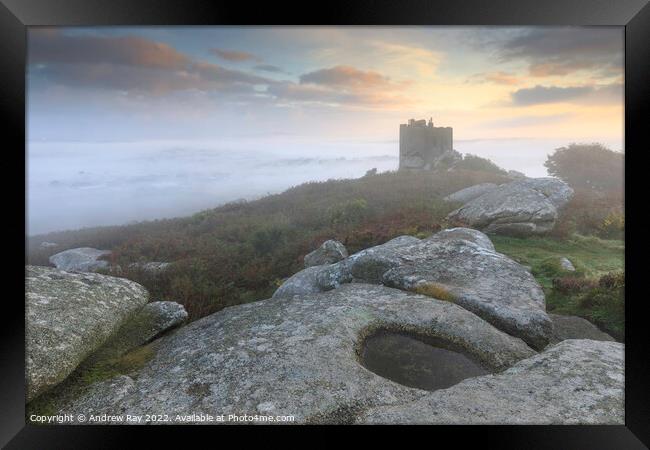 Misty morning at Carn Brea Framed Print by Andrew Ray