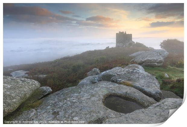 Misty morning at Carn Brea Print by Andrew Ray