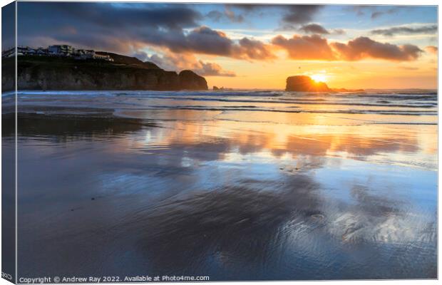 Setting sun over Chapel Rock (Perranporth) Canvas Print by Andrew Ray