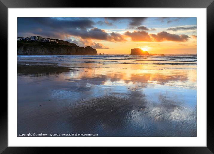Setting sun over Chapel Rock (Perranporth) Framed Mounted Print by Andrew Ray