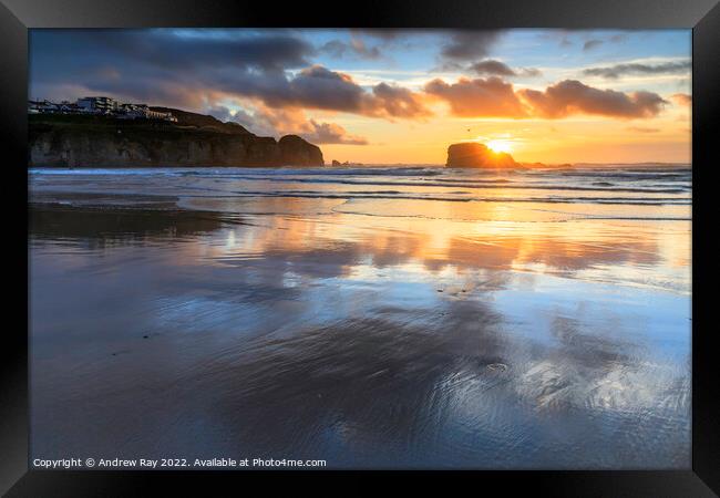 Setting sun over Chapel Rock (Perranporth) Framed Print by Andrew Ray