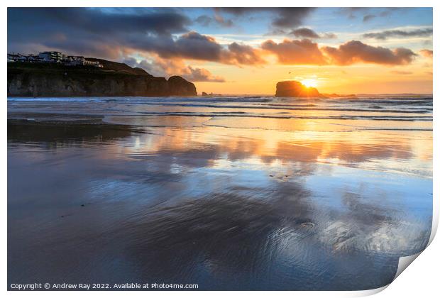 Setting sun over Chapel Rock (Perranporth) Print by Andrew Ray