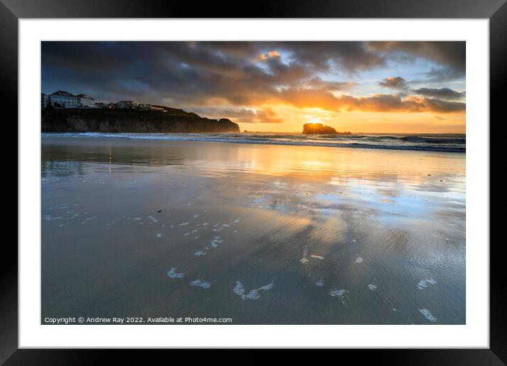 Setting sun behind Chapel Rock (Perranporth)  Framed Mounted Print by Andrew Ray