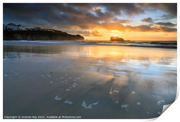 Setting sun behind Chapel Rock (Perranporth)  Print by Andrew Ray