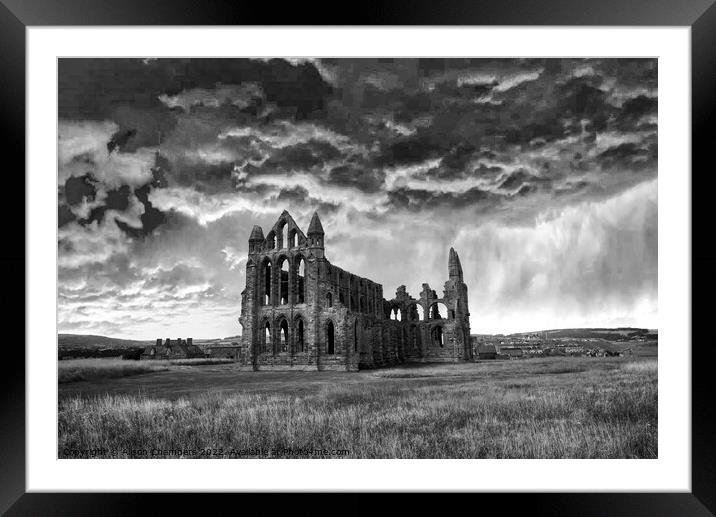 Whitby Abbey Storm Clouds Monochrome  Framed Mounted Print by Alison Chambers